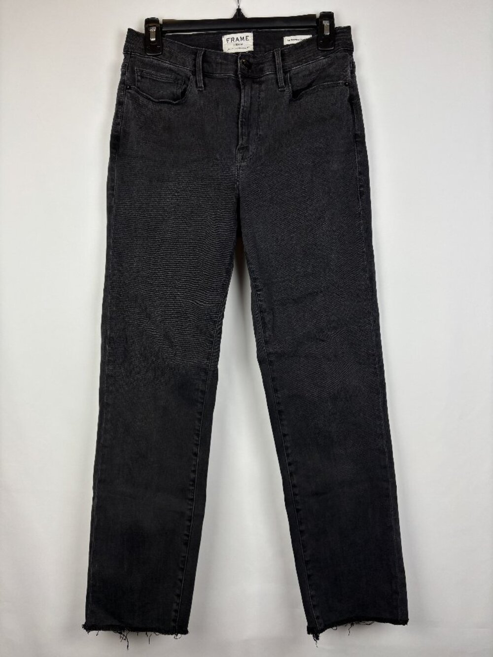 28 Frame Le Nouveau Straight Jeans Black Denim Straight Leg Raw Hem Frayed Dark